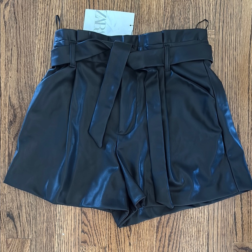 Zara Faux Leather High Waist Shorts with Tie Belt